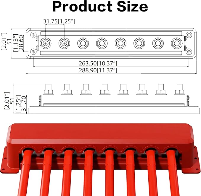 IZTOSS 12 V Bus Bar Terminal Block 8 x 3/8"(M10) Terminal Studs,Battery Bus Bar Max 600 V AC 48 V DC Positive & Negative Battery Distribution Block for Battery Marine RV Truck