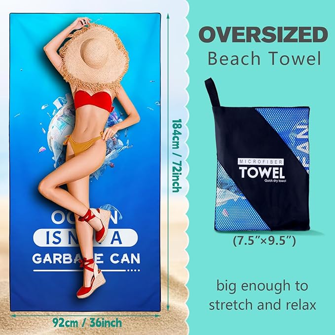 Protect Ocean Environment Beach Towel Oversized 36" x 72", Thin Lightweight Sand Free Quick Dry Microfiber Towel for Swimming Pool Cruise Camping Travel