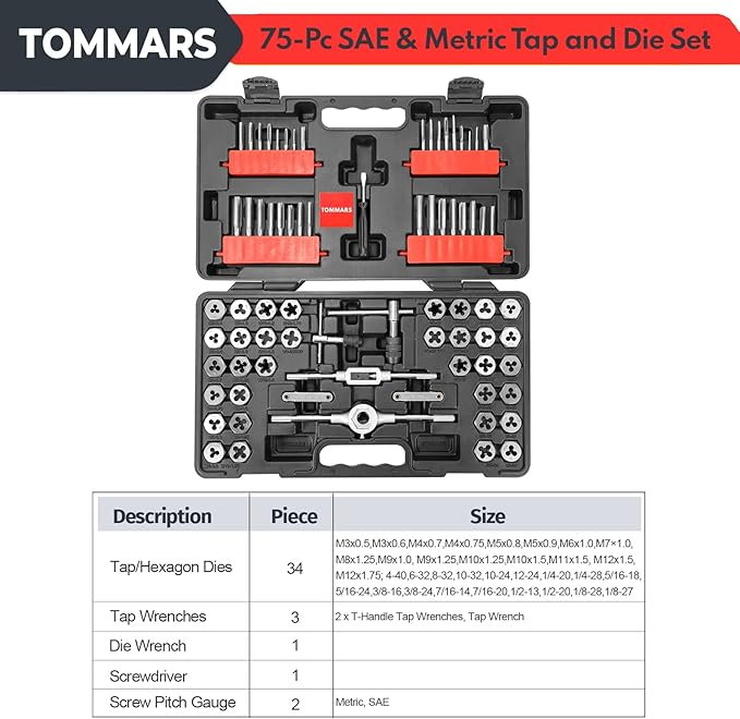 TOMMARS 75-Pc Tap and Die Set, SAE & Metric Hex Thread Taps Dies Wrench Metric Sizes M3 to M12 & Standard Sizes #4 to 1/2" Type NC NF NPT