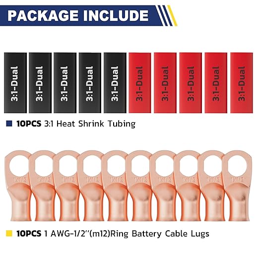 haisstronica 10pcs 1 AWG - 1/2" (M12) Battery Cable Lugs, Heavy Duty Copper Wire Lugs with 10pcs 3:1 Adhesive Heat Shrink Tubing, 1 Gauge Wire Connectors Battery Terminal Connector, Battery Cable Ends