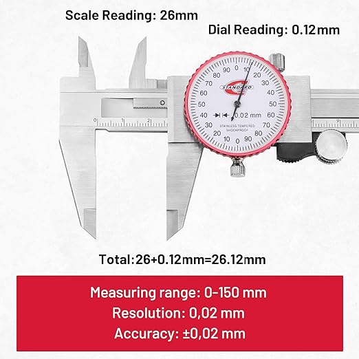 Metric Dial Caliper Measuring Tool 0-150mm Range, Analog Precision Caliper ±0.02mm Accuracy, Manual Mechanical Metal Stainless Steel Measuring Dial with 4-Way Measurements
