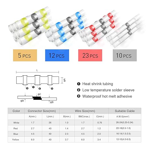 Nilight - 50025R 50pcs Solder Seal Wire Connector, Solder Seal Heat Shrink Butt Connectors,Electrical Waterproof Insulated Marine Automotive Copper(23Red 12Blue 10White 5Yellow),2 Years Warranty