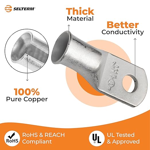 SELTERM 25pcs 1 AWG 1/4" Stud Marine Grade Tinned Copper Battery Cable Lugs, 1 Gauge Ring Terminals, UL Wire Lugs Electrical Cable Ends, Terminal Connectors
