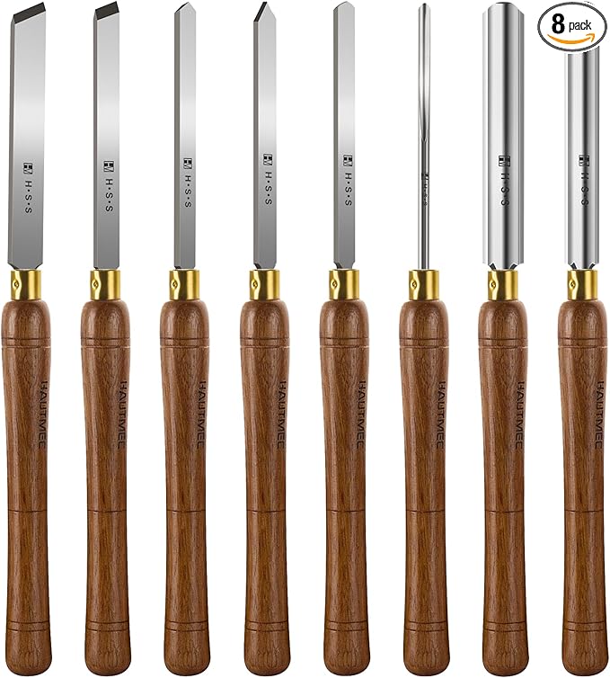 HAUTMEC Pro HSS Wood Lathe Turning Chisel Set 8 Pcs, Lathe Chisel Set with 3 Gouge 2 Skew 1 Spear Point 1 Parting 1 Round Nose Tools with 1680D Tool Bag for Professionals and Beginners - HTWCH25028