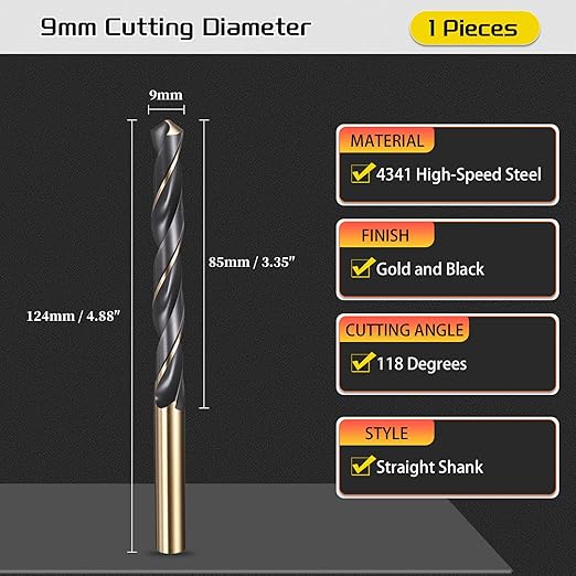 Drill Bit, 9mm Cutting Diameter, 4341 HSS Gold and Black 118° Cutting Angle Number Jobber Bits - (Applications: for Drilling Soft Metal Plastic Wood), 1-Pieces