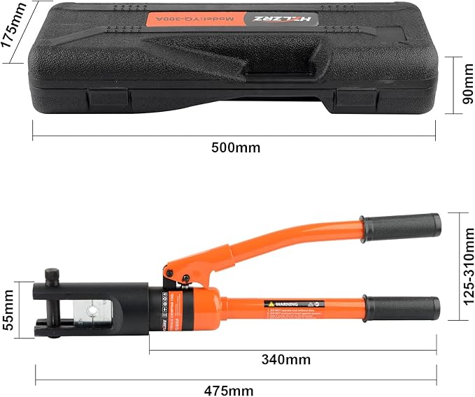 HZLZRZ Hydraulic Crimping Tool and Wire Crimping Tool, 16 Tons and Range 4AWG-600MCM, 11Pairs of Dies for Terminal Kit, Battery Terminal Crimper, Yellow Hydraulic Press (YQ/300A)