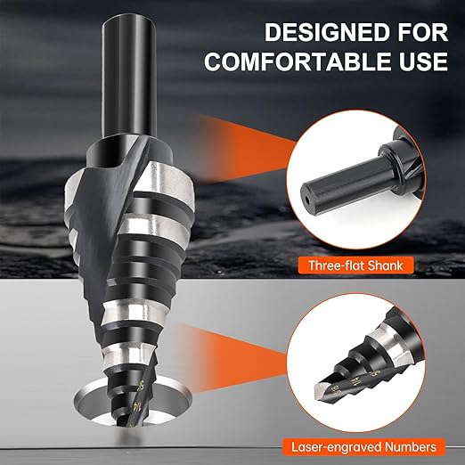 COMOWARE Step Drill Bit, 12 Sizes from 3/16" to 7/8", High Speed Steel Step Bit with 2 Spiral Flutes, 3-Flat Shank, Steps Bits for Metal, Aluminum/Wood/Plastic/Iron, Unibit for Electricians & DIY
