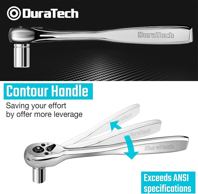 DURATECH 3-Piece Ratchet Set, 1/4", 3/8", 1/2" Drive, 90-Tooth, Quick-release, Contour Handle Designed for Better Grip, Alloy Steel, Organized in Plastic Tray