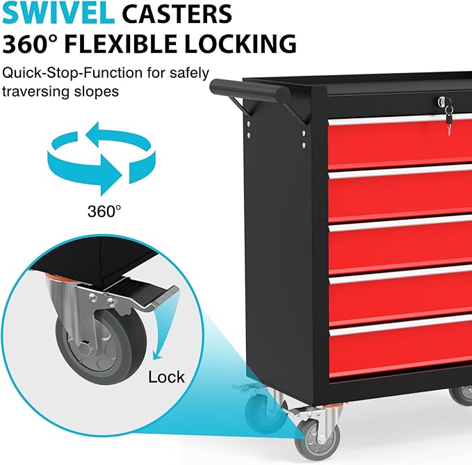 5 Drawers Rolling Tool Chest, Portable Storage Tool Box with Wheels, Rolling Tool Box with Lock for Warehouse, Garage, Repair Shop and Tool Room