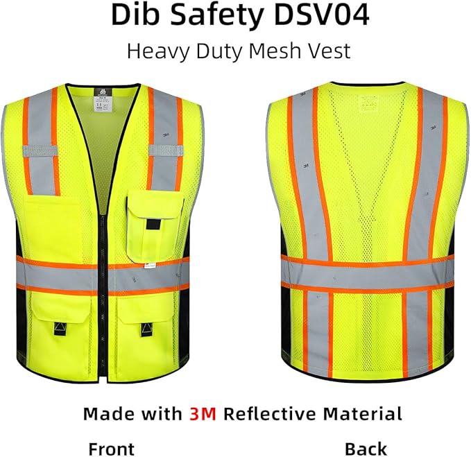 Dib Safety Vest Reflective Yellow Mesh, High Visibility Vest with Pockets and Zipper, ANSI Class 2 Heavy Duty, Made with 3M Reflective Tape 4XL