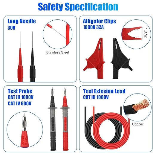 Linkstyle 25PCS Multimeter Test Leads Kit with Replaceable Wire Piercing Probes, Alligator Clips, Test Hook Clips, Tweezer for Digital Electrical Multimeter Testing