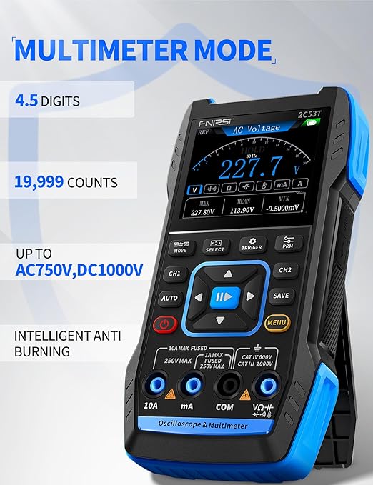 FNIRSI 2C53T Upgraded Handheld Oscilloscope, 50MHz Bandwidth, 250MS/s Sampling Rate, 20000 Counts, 3IN1 Digital Oscilloscope Multimeter DDS Generator, Voltage, Current, Capacitor, Resistor, Diode Test