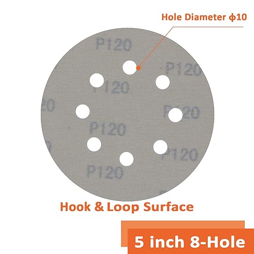 Orbital Sanding Discs 5 Inch 8 Holes 120 Grit Sander Pad,Hook and Loop Wet/Dry Gold Replacement Sandpaper,Suitable for Wood,Plastic Grinding and Polishing,Pack of 50