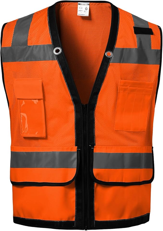 Reflective Safety vest With back plan pocket,High visibility Class 2 Heavy Duty Surveyor Vest with Zipper,Hi Vis Vest ANSI/ISEA Standard, Construction Work Vest for Men＆Women(Orange,M)