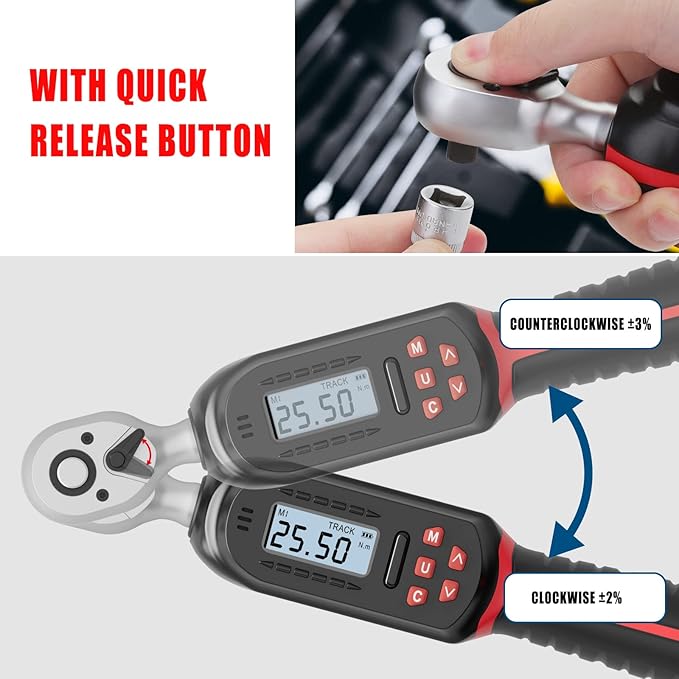 1/4 Inch Digital Torque Wrench, 1.1-22.1 Ft-lbs/1.5-30Nm, with Preset Values, 2% Accuracy, Buzzer and LED Notification, Small Electronic Torque Wrench for Bicycles