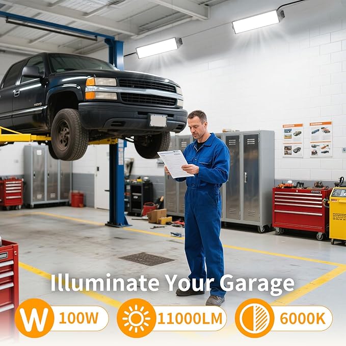 2Pack 100W Shop Light, 11000LM 6000K Daylight White Super Brighter LED Shop Light, IP66 Waterproof Garage Lighting with 1.8M/6FT Cord, Bay Light for Workshop Yard Garage Warehouses
