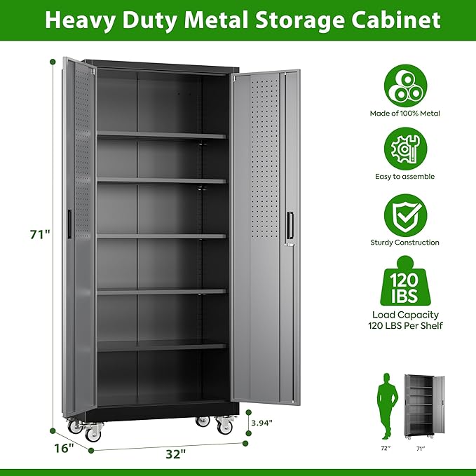 71" Metal Storage Cabinet with Wheels and Pegboard, Lockable Rolling Steel Storage Cabinet with 5 Adjustable Shelves and Door for Garage, Office, Kitchen, Assembly Required,Black and Grey