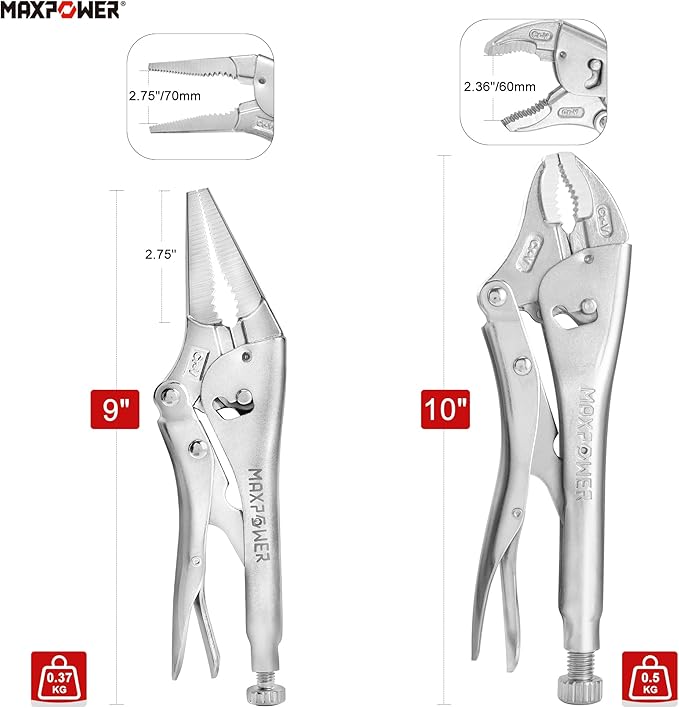 MAXPOWER Locking Pliers Set - 9-inch Long Nose, 10-inch Curved Jaw, Wide Opening Two-position Adjustment - 2 Pack