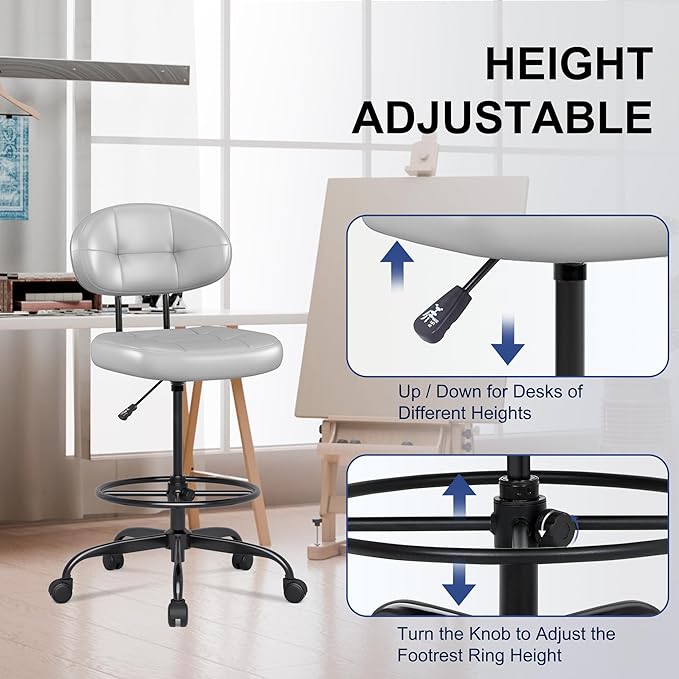 Misolant Drafting Chair, Armless Tall Office Chair with Footrest Ring for Standing Desk, Small Faux Leather Executive Computer Chair with Adjustable Height for Bar Lab Counter Height Desk, Gray