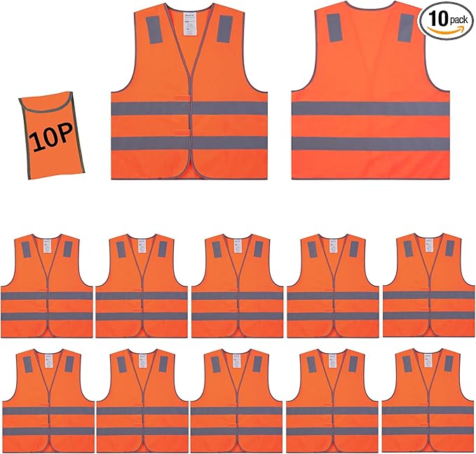 Orange Safety Vests 10 Pack,Reflective High Visibility Construction Working Vest for Men,Woman,Pockets,Hi Vis Mesh and Neon Silver Strip