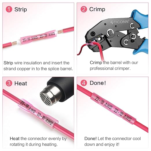 TICONN Red 200PCS Heat Shrink Butt Wire Connector Kit, Insulated Waterproof Electrical Marine Automotive Wire Crimp Terminals Butt Splice (Red200PCS)