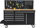 Heavy Duty 61" Tool Chest Cabinet, Mobile Garage Workbench with 10 Drawers and Power Strip, Rubber Wood Worktop, 1675 LBS Load, Rolling Tool Storage Organizer for Mechanic, Shop or Home Use