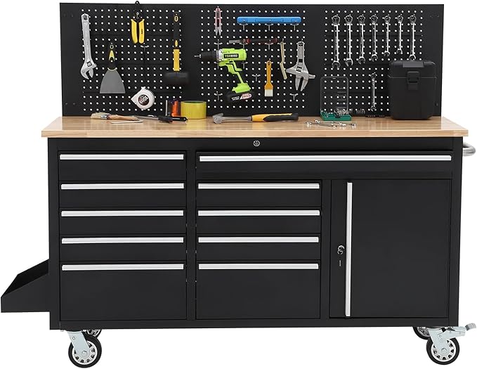 Heavy Duty 61" Tool Chest Cabinet, Mobile Garage Workbench with 10 Drawers and Power Strip, Rubber Wood Worktop, 1675 LBS Load, Rolling Tool Storage Organizer for Mechanic, Shop or Home Use