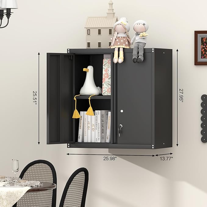 GREATMEET 27.95" H Garage Cabinets, Locking Cabinet, Garage Storage Cabinets, Hanging Wall Mount Cabinet for Utility Room, Black