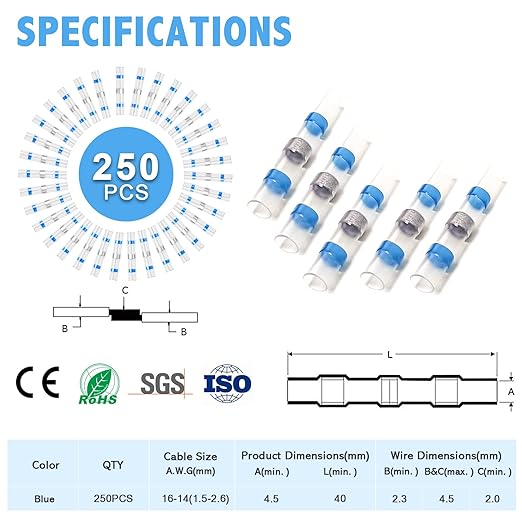 Kuject 250PCS Solder Seal Wire Connectors AWG 16-14, Blue Solder Seal Heat Shrink Butt Connectors Terminals Sleeve Waterproof Wire Splice Connector for Marine Boat Wire Joint