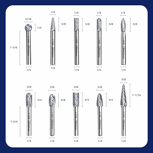 Carbide Burr Set,Tungsten Carbide Cutting Tools, Double Cut Rotary Files 1/4" Shank 10PCS Carbide Burr Bits High-Speed Spiral Fils for Metal, Plastic, Woodworking