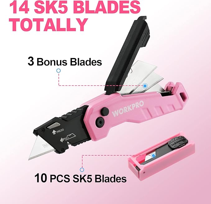 WORKPRO Folding Utility Knife, Quick Change Box Cutter, Razor Knife for Cartons, Cardboard, Boxes, Blade Storage in Aluminum Handle, 13 Extra Blades Included - Pink Ribbon