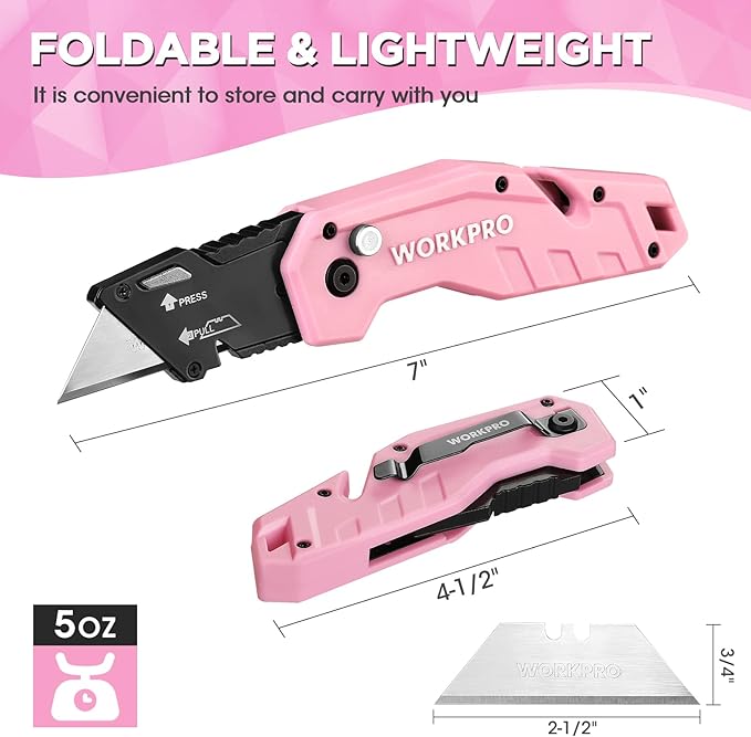 WORKPRO Folding Utility Knife, Quick Change Box Cutter, Pink Razor Knife for Cartons, Cardboard, Boxes, 10 Extra Blades Included - Pink Ribbon