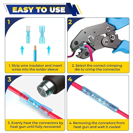 FORCA 740PCS Heat Shrink Wire Connectors Kit, AWG 16-14 Marine Grade Waterproof Crimp, Electrical Solder Seal, Ring Fork Spade Bullet Solder Butt Connectors Blue(13 Types)