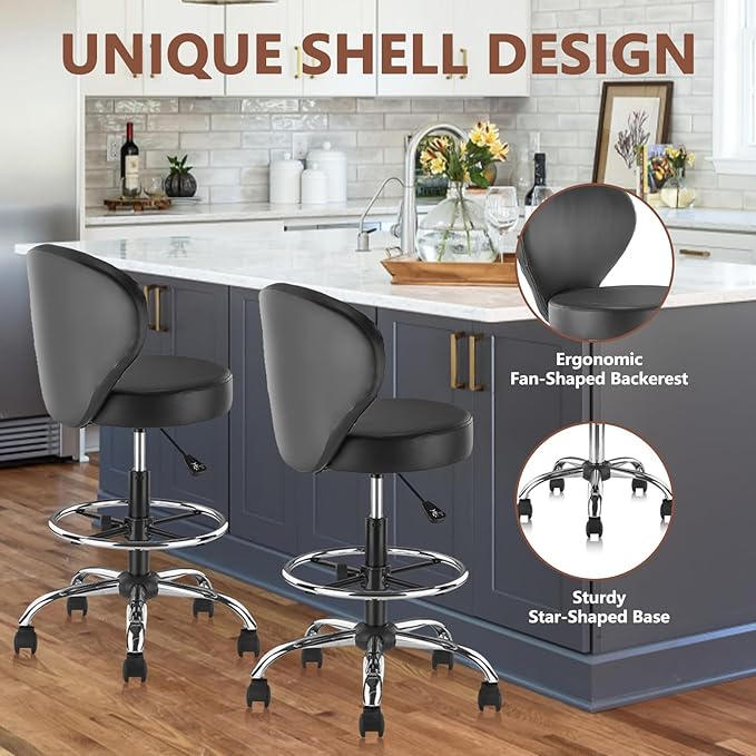 Black PVC Faux Leather Drafting Chair Set of 2 Rolling Swivel Salon Stool with Back Support Foot Rest Adjustable Hydraulic Seat Height for Massage Facial Spa Medical Drafting Tattoo Beauty