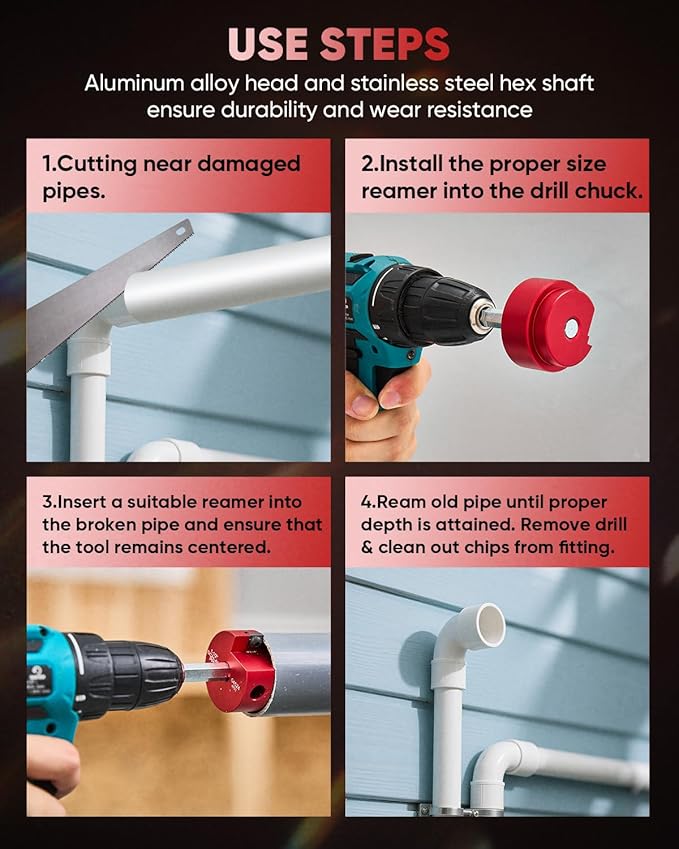 Saker PVC Pipe Reamer, PVC Fitting Saver with 1-1/2inch Head, For SCH40, ABS Pipe,CPVC Perfect for Plumbing Repairs, Fits Standard 1/2" Drill