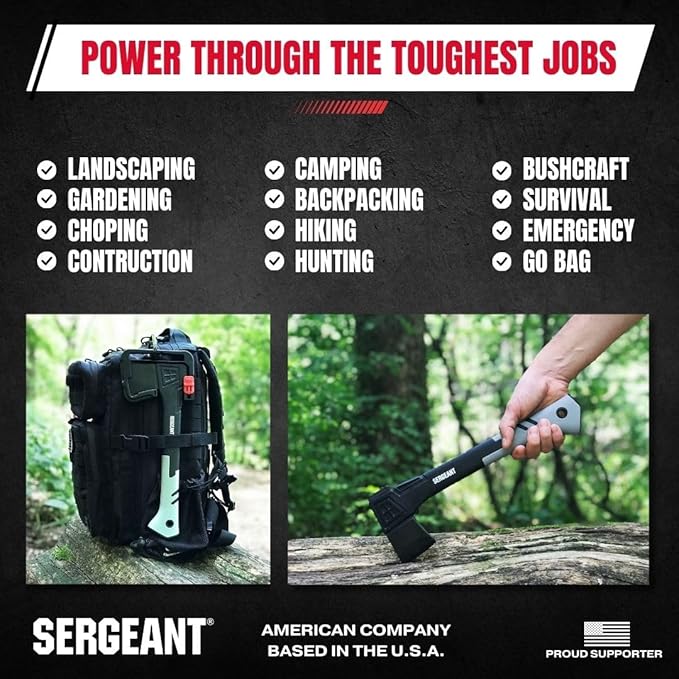 Camping Hatchet SGT-14 Inch, Camp Axe Survival Hatchet Tactical Outdoor Camping Axe w High Carbon Steel Blade, Lightweight Fiberglass Handle, and Compact Portable Design and Carrying Case.