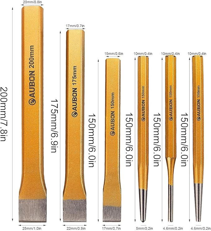6 Pack Punch and Chisel Set, Includes 3 Pcs Digging Tools Cold Chisel, 3 Pcs Center/Pin/Tapered Punch Set, with Canvas Bag, Masonry Chisels for Brick, Wood, Metal and Stone