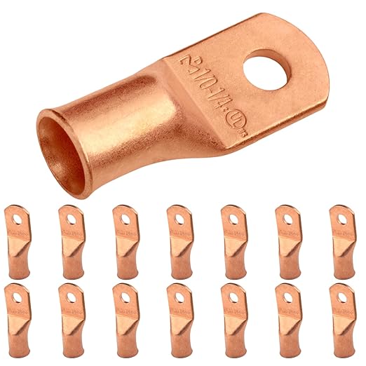 SELTERM 15pcs 1/0 AWG 1/4" Stud - UL Heavy Duty Battery Terminal Connectors, Bare Copper Battery Cable Lugs, 0 Gauge Wire Connectors, Electrical Cable Ends, Ring Terminals Copper Lugs