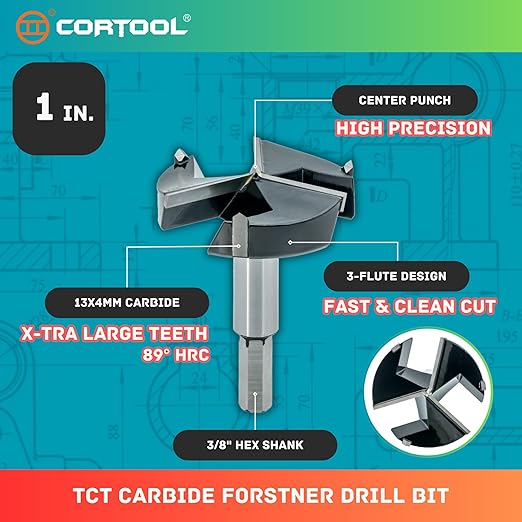 Forstner Drill Bit 1 Inch, Triple-Flute Carbide Tipped Forstner Bit for Hard Wood, Soft Wood, Veneered Plywood, Plastic, Drilling Hole Saw Woodworking Hinge Cutter Tool
