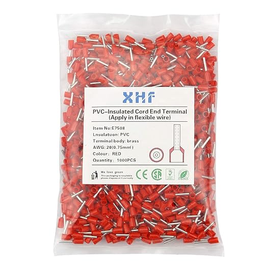 XHF 1000 PCS AWG 20/0.75mm² Wire Ferrules Insulated Copper Crimp Connectors, Crimp Pin Cord End Terminals Red