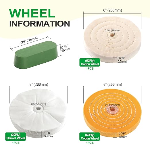 6PCS 8 Inch Polishing Wheels Kit for Bench Grinder, Include 5/8" Arbor Hole White Cotton Polish Wheels(50Ply), Yellow Cotton Wheel(40Ply), Soft Flannel Buffing Wheel(30Ply)& 3 Polishing Compound Set