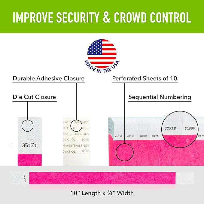 1,000 WristCo Neon Pink Tyvek Wristbands for Events - Tamper-Proof Design & Fluorescent Color Prevent Reuse Premium-Grade Bracelets for Hospital & Medical ID, Party & VIP Identification