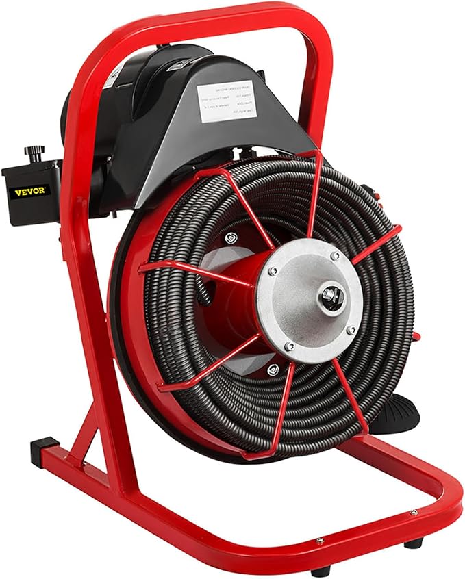 VEVOR 50FT x 1/2 Inch Drain Cleaning Machine, 250W Electric Drain Auger, Portable Sewer Snake Auger Cleaner with Cutters & Air-Activated Foot Switch for 1" to 4" Pipes, Black, Red