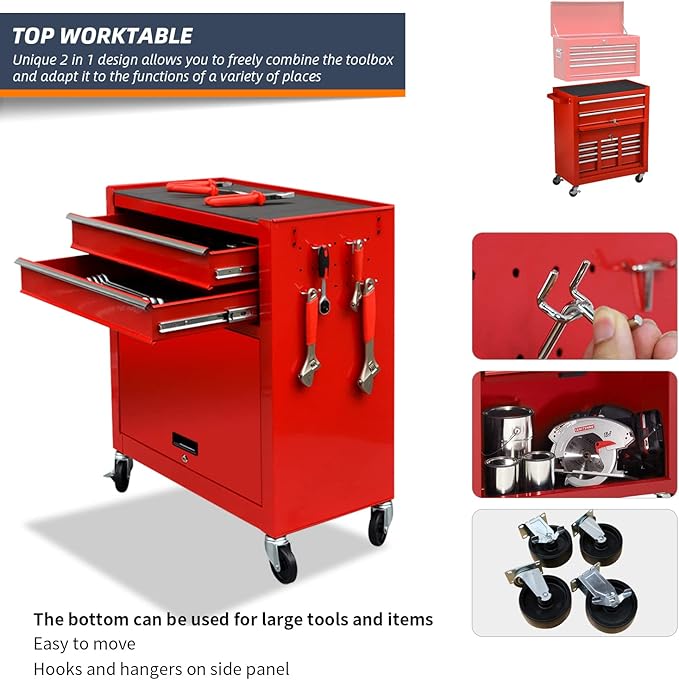 8-Drawer High Capacity Rolling Tool Chest, Big Storage Removable Tool Box Combo, Lockable Drawer Tool Cabinet for Workshop and Garage (Red)
