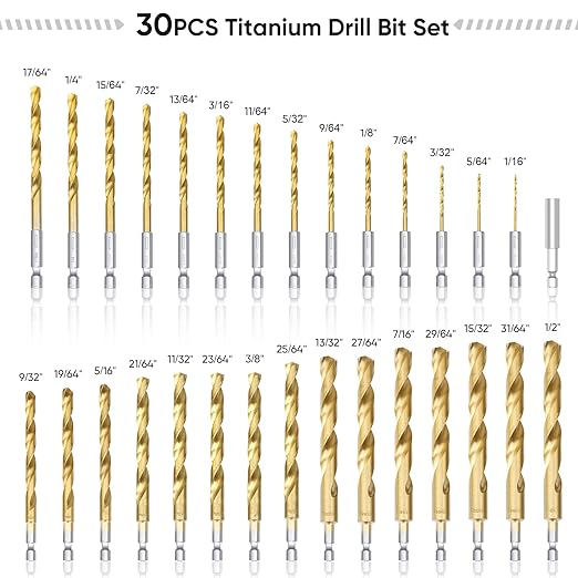 TICONN 30 PCS Titanium Coated Drill Bit Set with Hex Shank, 135 Degree Tip High Speed Steel Drill Bits Kit with Storage Case for Steel, Aluminum, Copper, Soft Alloy Steel Size from 1/16" to 1/2"