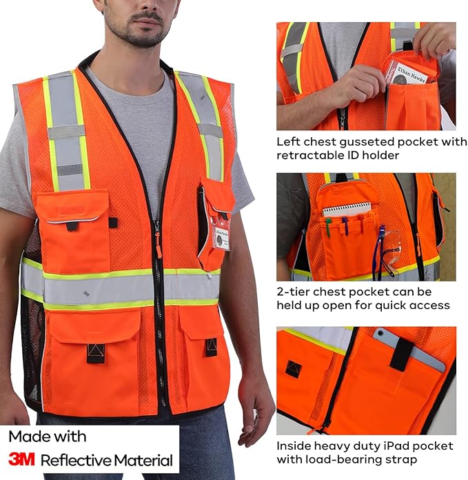 Neopelta Reflective Safety Vest Orange Mesh, Made with 3M Reflective Tape, Heavy Duty Vest with ID pocket, Padded Neck, Orange 4XL