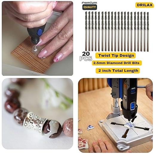 Drilax 20-Pc 2.5mm Diamond Drill Bit Set | Dremel Compatible with 1 Collet | for Glass, Sea Glass, Gems & Jewelry