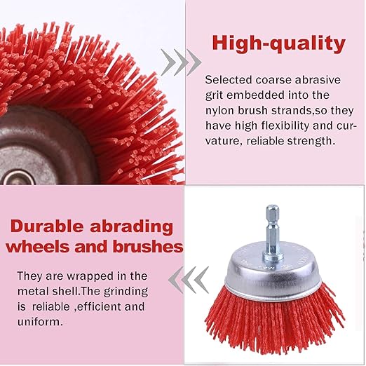 Rocaris 10 Pack Nylon Filament Abrasive Wire Brush Wheel & Cup Brush Set with 1/4 Inch Hex Shank, for Removal of Rust/Corrosion/Paint