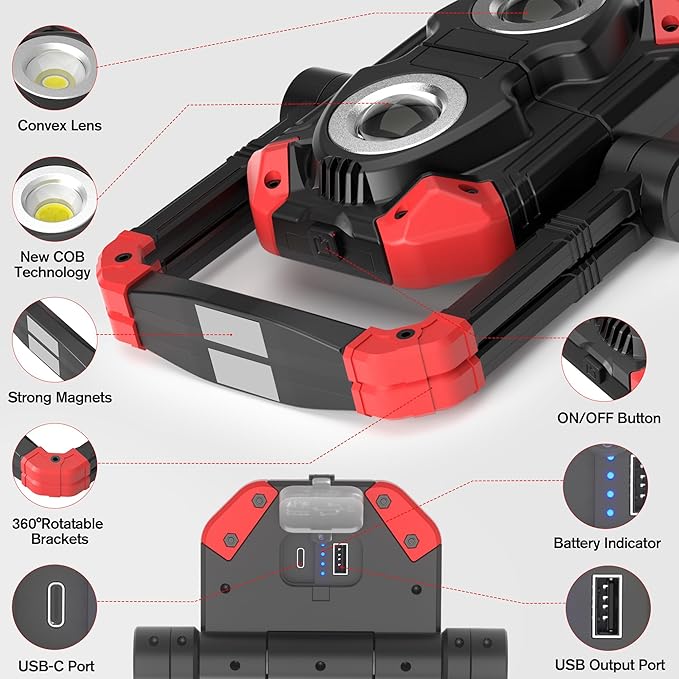 Adelante 2Pack Rechargeable LED Work Light with Magnetic Bases, 2500LM 6500K 12 Hours Long Lasting, Mobile Charger, 360°Rotating Stand Waterproof USB Portable Flood Light for Mechanics, Repairing