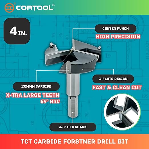 4 Inch Forstner Drill Bit, Triple-Flute Carbide Tipped Forstner Bit for Hard Wood, Soft Wood, Veneered Plywood, Plastic, Drilling Hole Saw Woodworking Hinge Cutter Tool